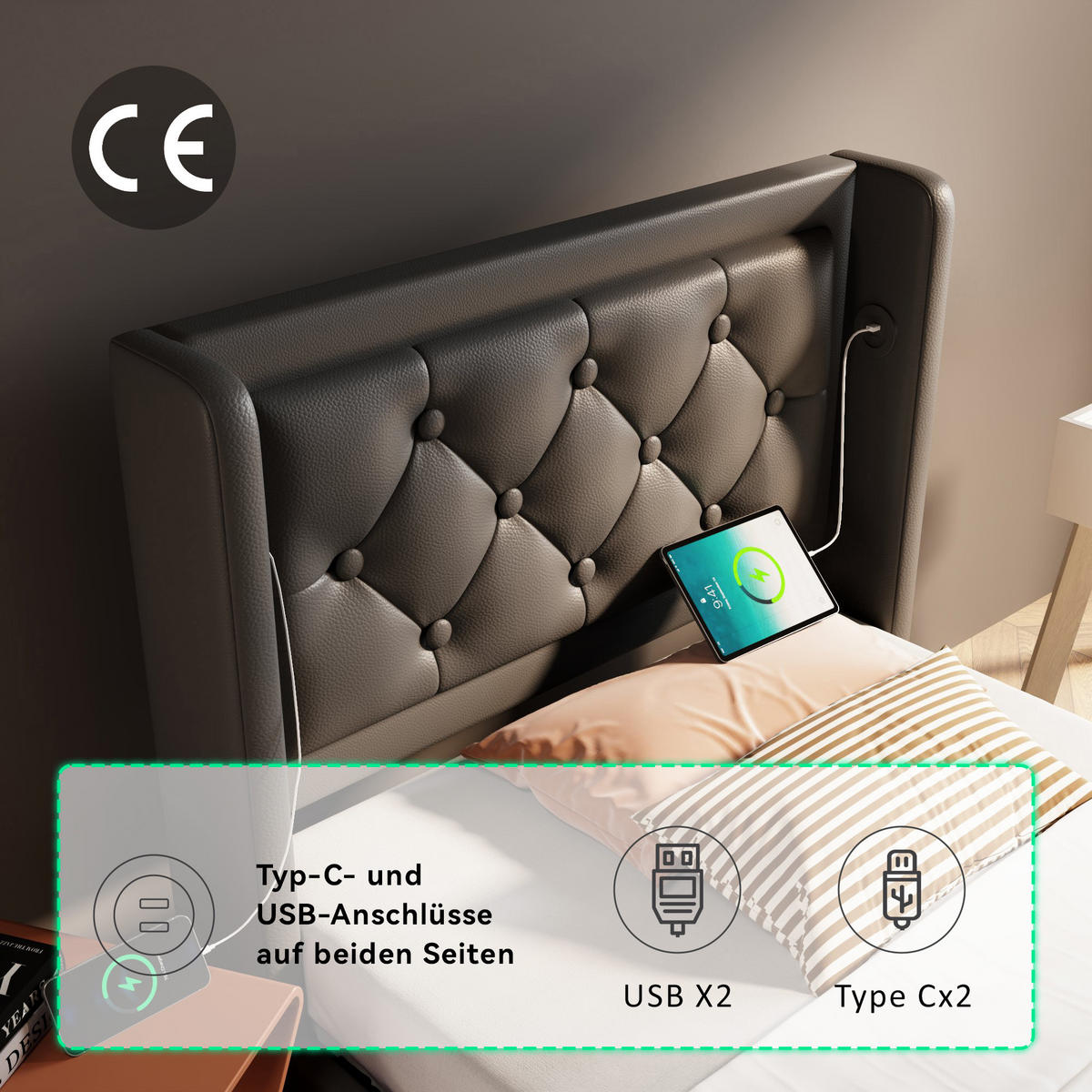 POLSTERBETT 90/200 cm in Schwarz mit Bettkasten, LED und USB und Type-C - Schwarz, Holzwerkstoff/Textil (90/200cm) - WISHDOR
