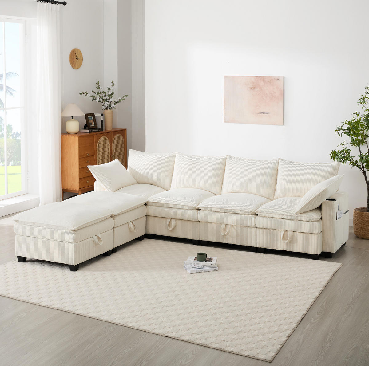 ECKSOFA Modulares 5-6-Sitzer mit Fußhocker und USB-Anschlüssen Cord Beige 280/151/82 cm - Beige, Textil (280/152cm) - OKWISH