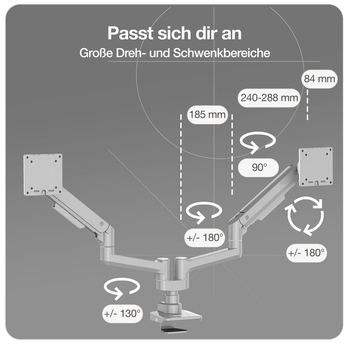 MONITORARM Doppel-Monitorarm in weißaluminium mit Gasfeder für 2 Monitore 17–35 Zoll bis je 20kg / Weißaluminium - Silberfarben, Metall (25/50/13cm) - ASSMANN