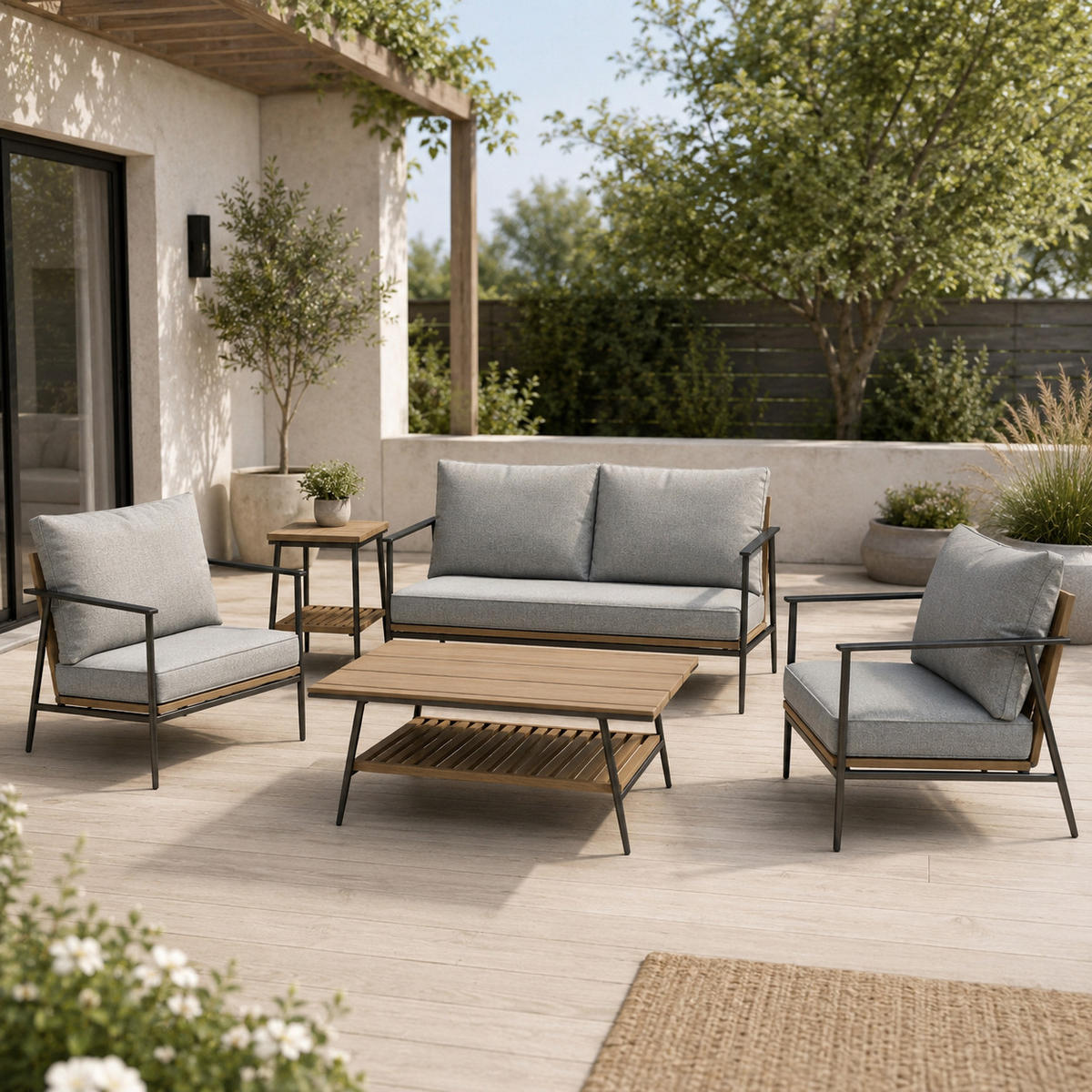 GARTENMÖBEL-SET mit 1 2-Sitzer-Sofa. 2 Einzelstühlen. 1 Couchtisch und 1 Beistelltisch. Schwarz. Grau und Eiche natur - Schwarz/Naturfarben, Metall - Home Collective