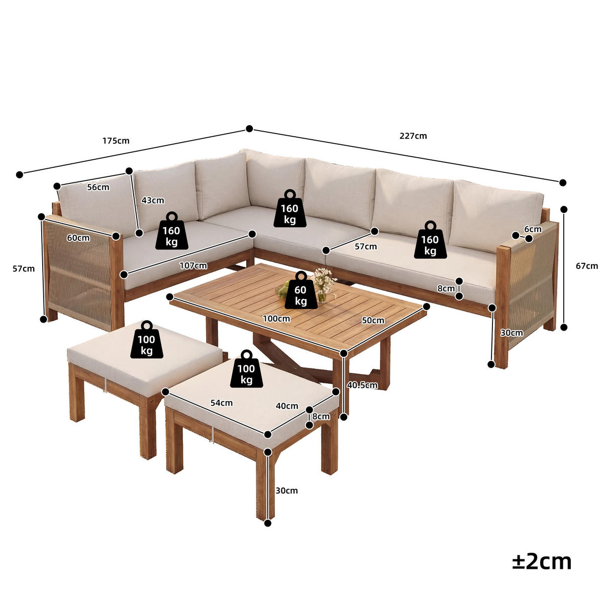 LOUNGESET 227/175/67 cm beige aus Akazienholz modular mit Kissen - Beige, Holzwerkstoff - OKWISH