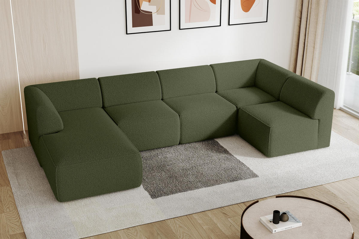 WOHNLANDSCHAFT Ottomane Links MOVA 345x180x78 Grün Bouclé - Schwarz/Grün, Holzwerkstoff/Kunststoff (180/78/345cm) - ALTDECOR