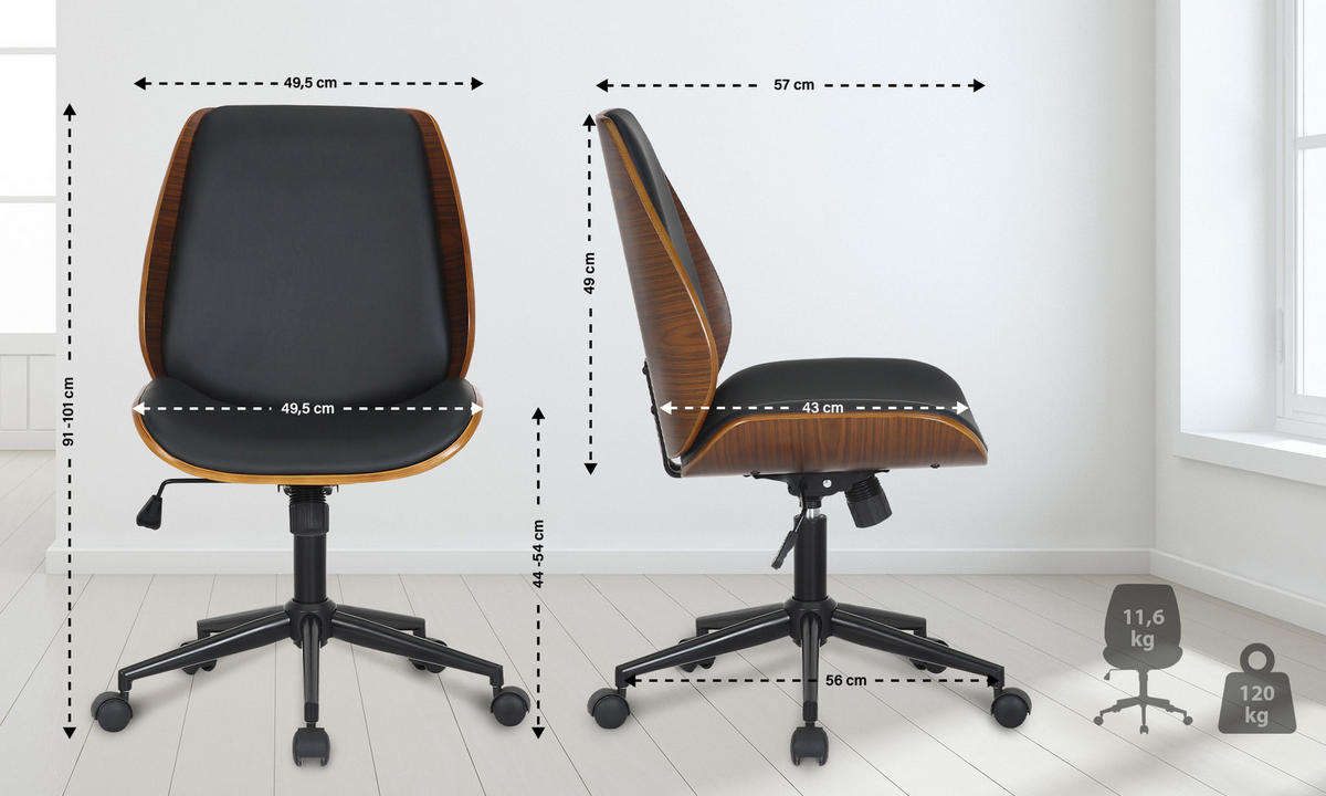 DREHSTUHL Lederlook Walnuss/Schwarz - Walnussfarben/Schwarz, Textil/Metall (49.5/90/57cm) - CLP