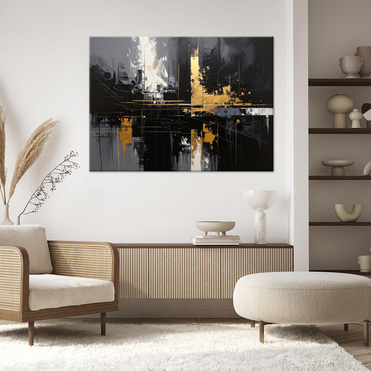LEINWANDBILD, Moderne Abstraktion einer Stadt in Schwarz und Gold - Schwarz, Textil (30/20cm) - Feeby