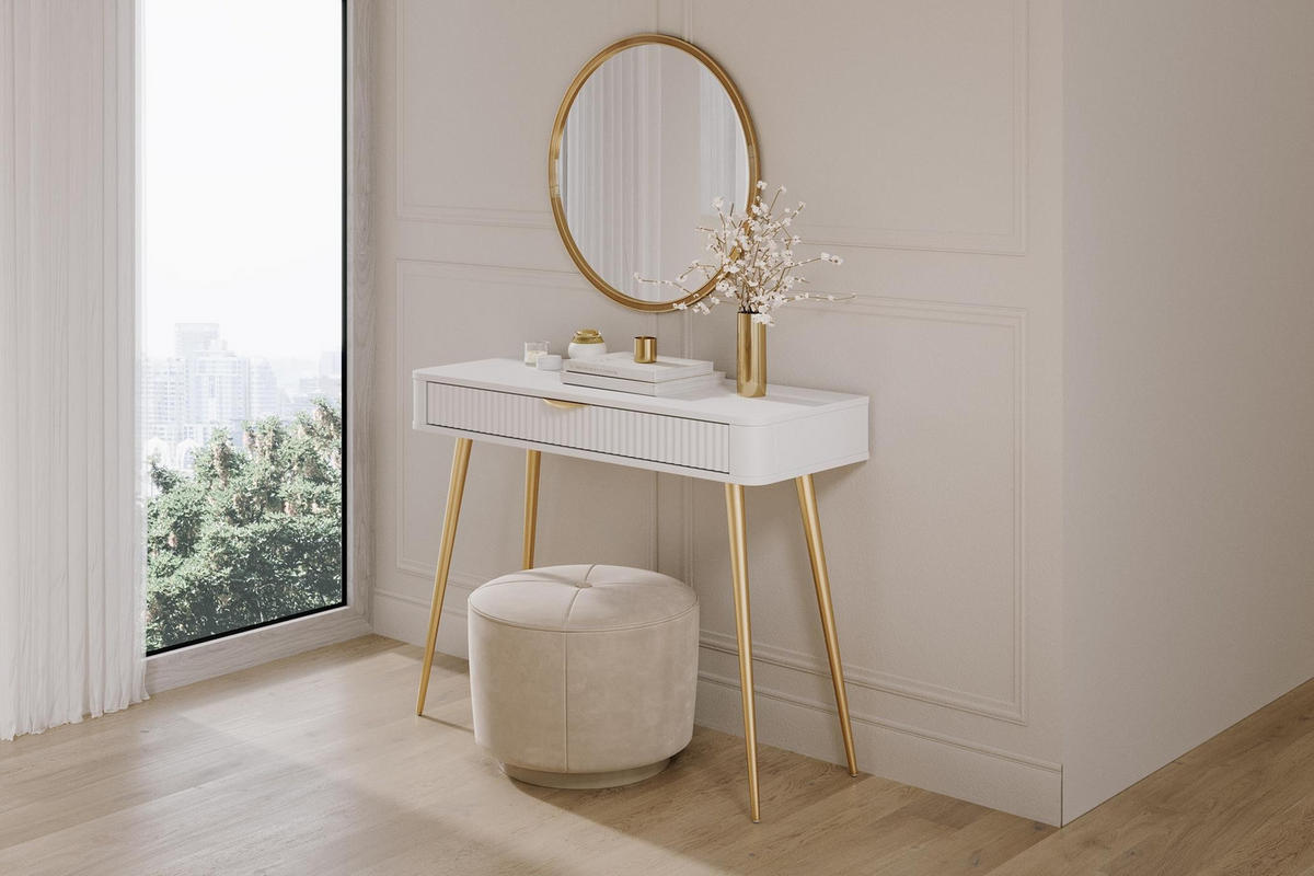 SCHMINKTISCH Lante Weiß, mit Schublade, Goldene Beine - Goldfarben/Weiß, Holzwerkstoff (38/100/78cm) - Bettso