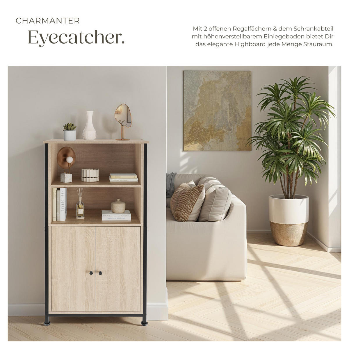 HIGHBOARD Doncaster,mit höhenverstellbaren Füßen, 60 x 38 x 125 cm,Industrial Holz hell, Eiche Sonoma - Naturfarben, Holzwerkstoff (38/125/60cm) - tectake