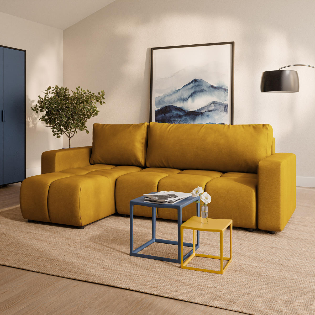 ECKSOFA RAMIL Gelb Plüsch-Stoff mit Schlaffunktion - Gelb, Holz (240/149cm) - MASSENO