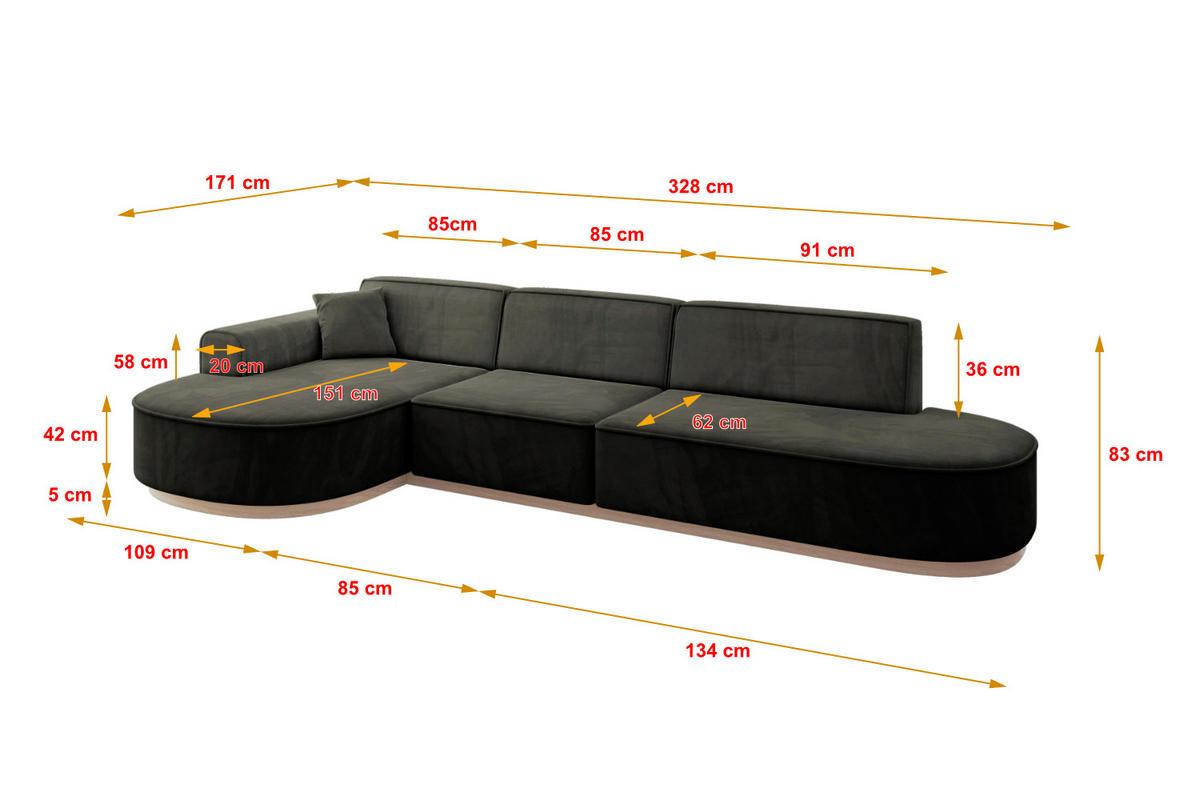 ECKSOFA Ottomane Links MARI-L2-v1 - 328x171x83 cm Schwarz Velours - Schwarz, Holzwerkstoff/Textil (328/171cm) - ALTDECOR