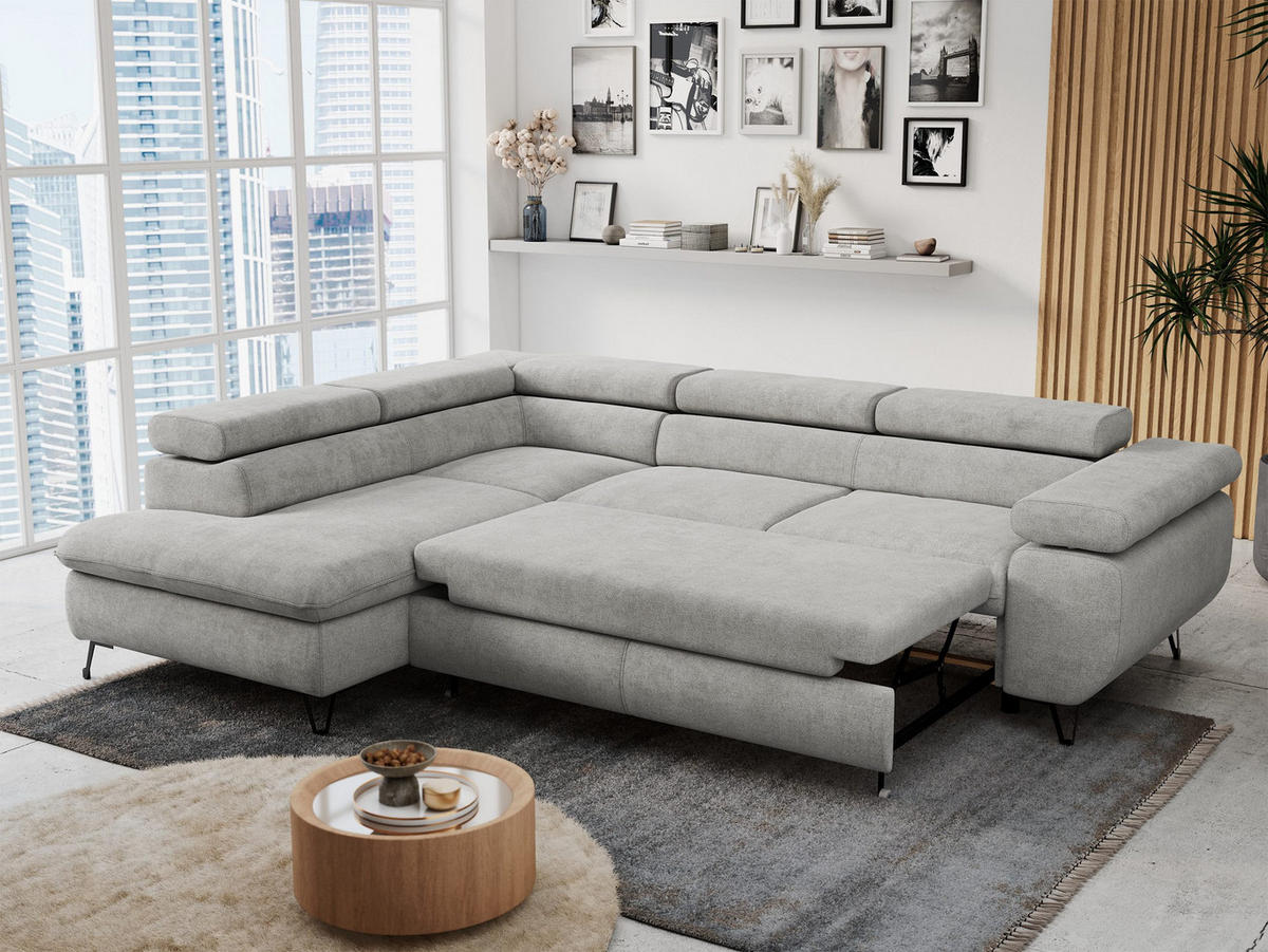 ECKSOFA PETER L Hellgrau Struktur - Links Seite - Hellgrau/Schwarz, Textil/Metall (208/273cm) - MKS