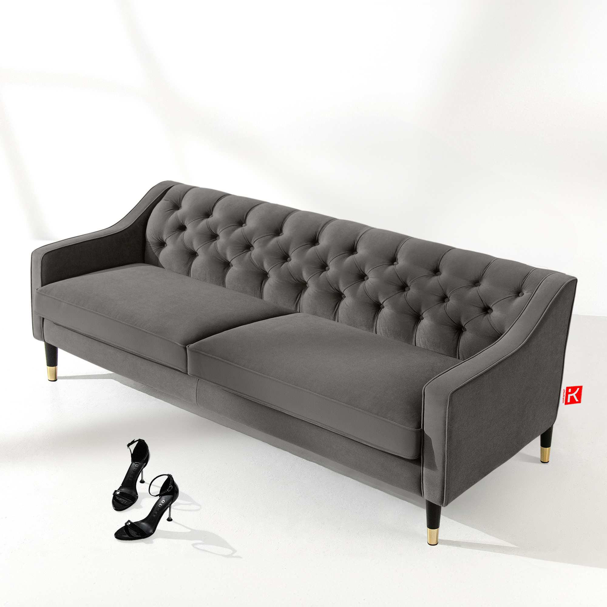 3-SITZER-SOFA NOMUS Velours, gesteppt, Grau - Wengefarben/Grau, Holz/Holzwerkstoff (192/78/80cm) - KONSIMO®