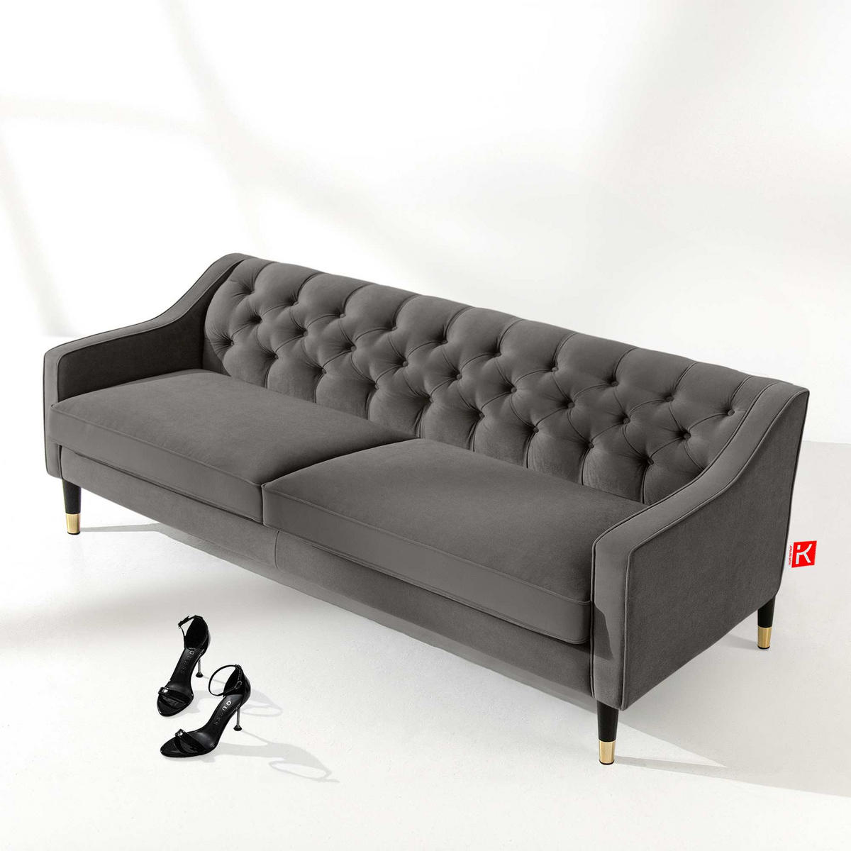 3-SITZER-SOFA NOMUS Velours, gesteppt, Grau - Wengefarben/Grau, Holz/Holzwerkstoff (192/78/80cm) - KONSIMO®