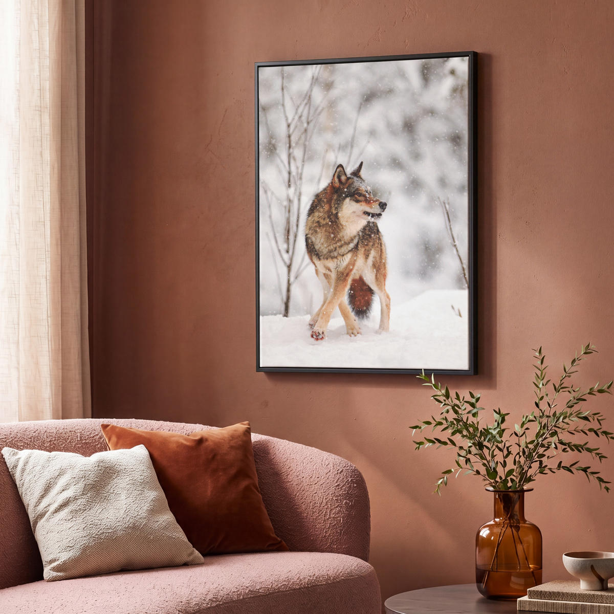 LEINWAND Bilder mit Rahmen - Wolf - Winter - Schnee - Natur - Tiere - 70x100 - Haselnussfarben, Textil (70/100cm) - MuchoWow