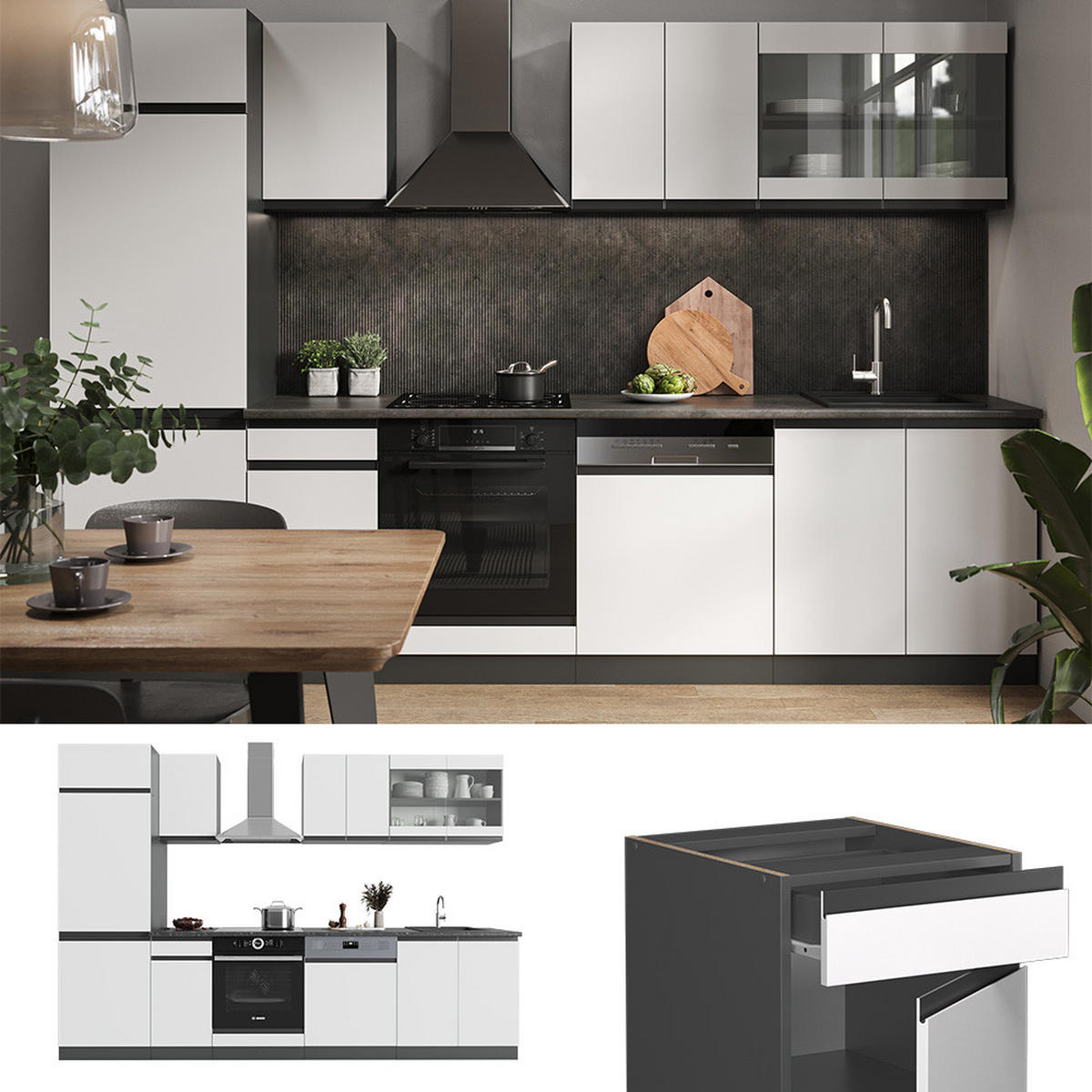 KÜCHENZEILE R-Line Weiß/Anthrazit 300 cm, AP Eiche - Anthrazit/Weiß, Holzwerkstoff (300/81.6/60cm) - Vicco