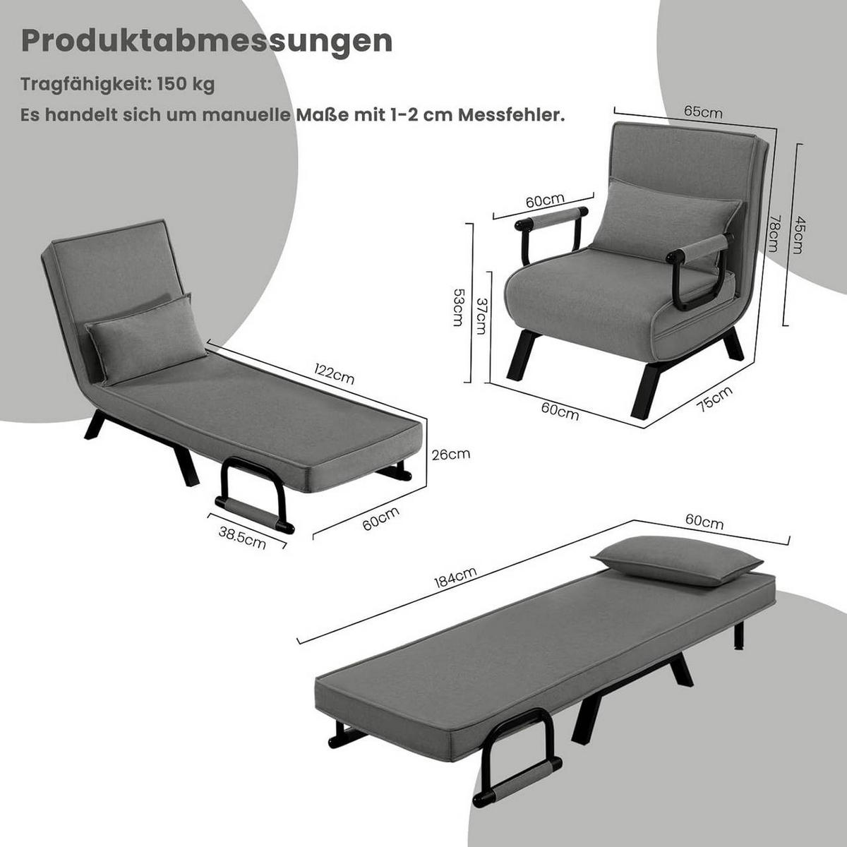 SCHLAFSESSEL 3 in 1, mit Verstellbarer Rückenlehne, Leinen Dunkelgrau - Dunkelgrau/Schwarz, Textil/Metall (65/78/75cm) - Woltu