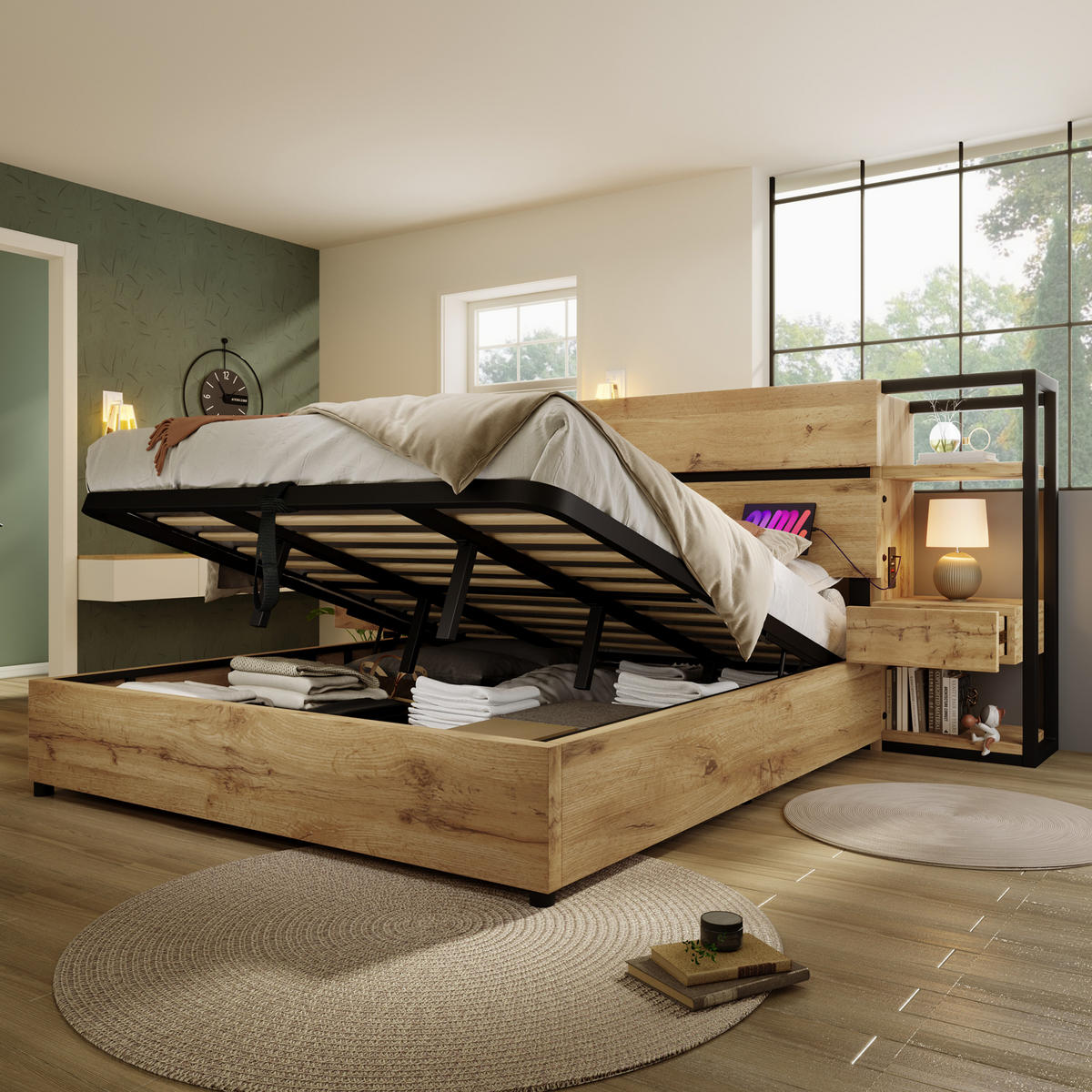 POLSTERBETT 180/200 cm Eiche mit Stauraum und USB- und Type-C-Anschlüssen - Eichefarben, Holzwerkstoff (180/200cm) - OKWISH
