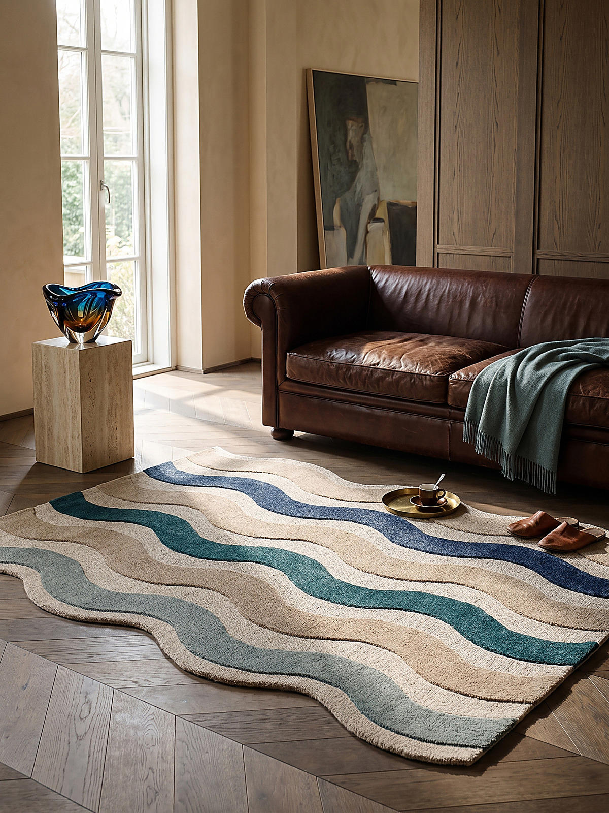 TEPPICH aus Wolle, handgetuftet, MONNOW, in Natur-Blau, Wellenstreifen, 200 x 290 cm - Beige, Textil (200/290cm) - KADIMA DESIGN