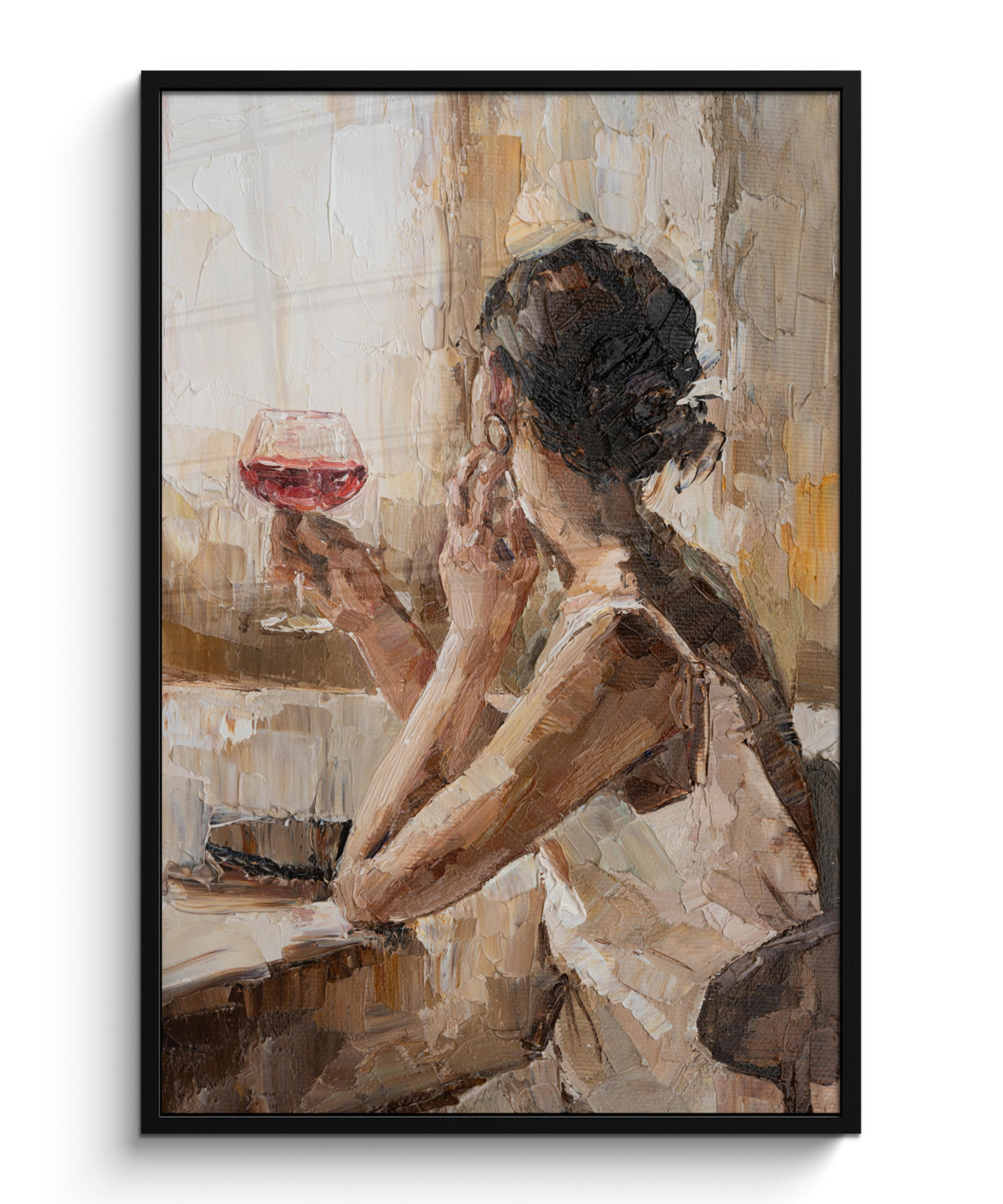 GERAHMTES BILD Ölgemälde - Frau - Wein 80x120 cm - Hellbraun, Papier (80/120cm) - MuchoWow