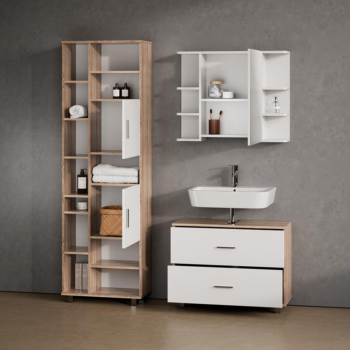 WASCHBECKENUNTERSCHRANK Eisak Weiß/Sonoma 80 x 60.8 cm - Weiß/Sonoma Eiche, Holzwerkstoff (80/60.8/33cm) - Livinity®