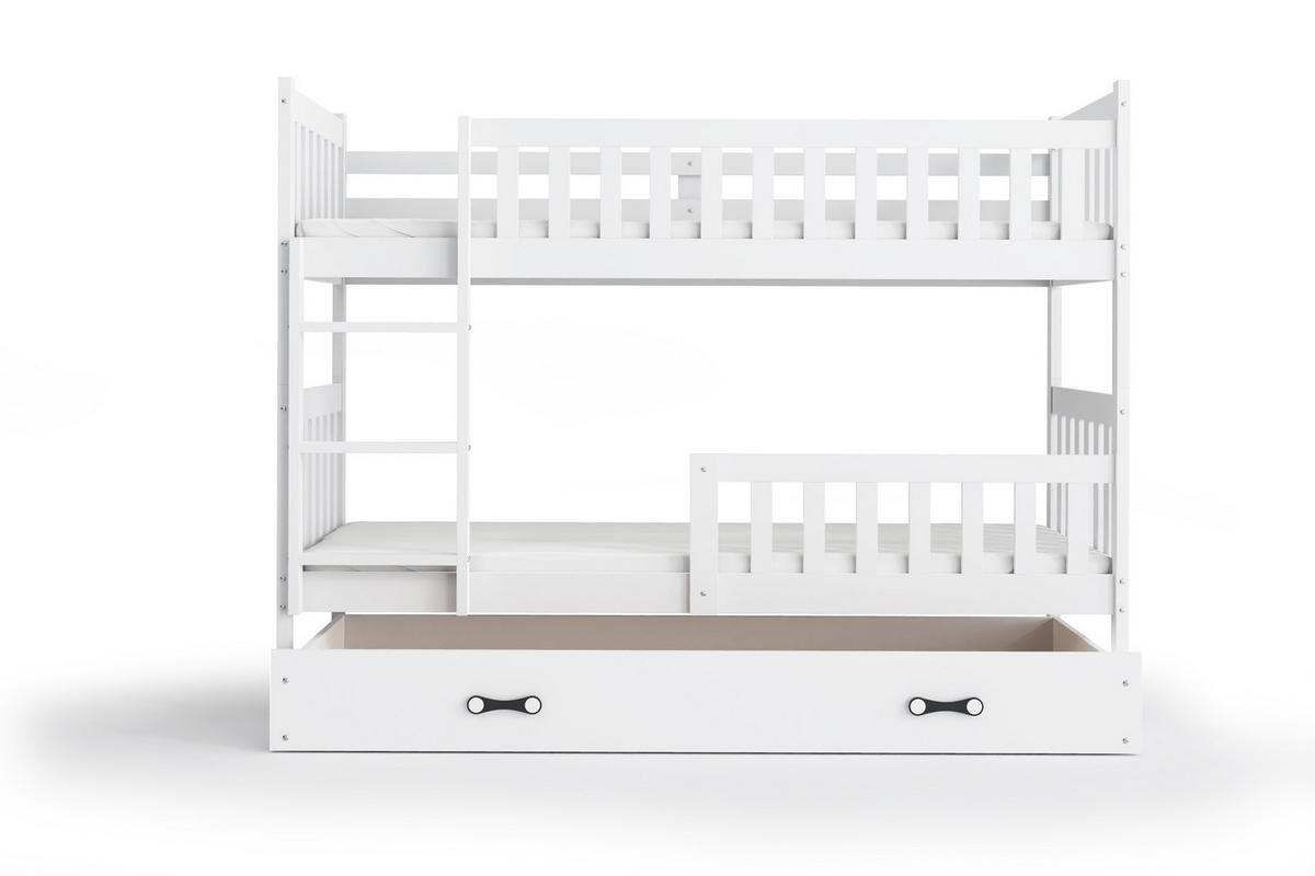 INTERBEDS Etagenbett Jakob 90/200 cm, Weiß, massive Kiefer, erweiterbar in 2 Einzelbetten, mit Bettkasten / Schublade, Rausfallschutz & Lattenrost - Weiß, Holz (90/200cm) - Interbeds