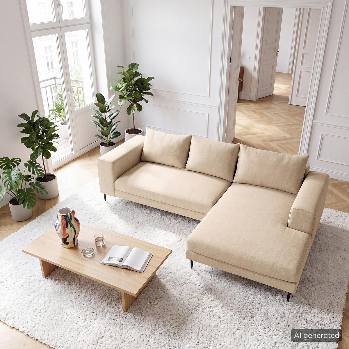 ECKSOFA mit Longchair Small - Beige/Schwarz, Textil/Metall (275/170cm) - home24