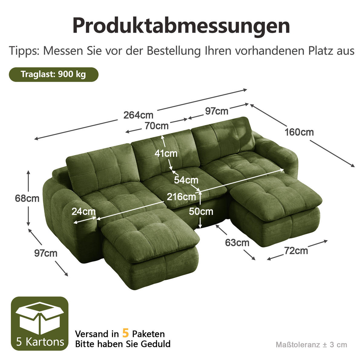 WOHNLANDSCHAFT DE-34464 U-Form mit 2 Ottomanen Grün - Grün, Textil (160/68/264cm) - ComfortXL