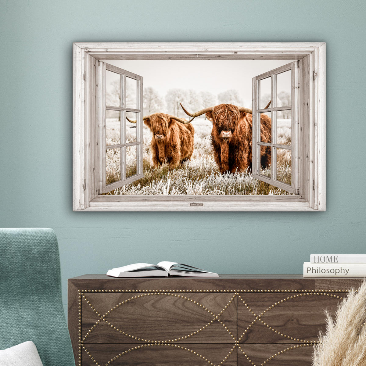 LEINWANDBILD Durchblick - Schottische Highlander - Tiere Wanddeko 90x60 cm - Hellbraun, Textil (90/60cm) - MuchoWow