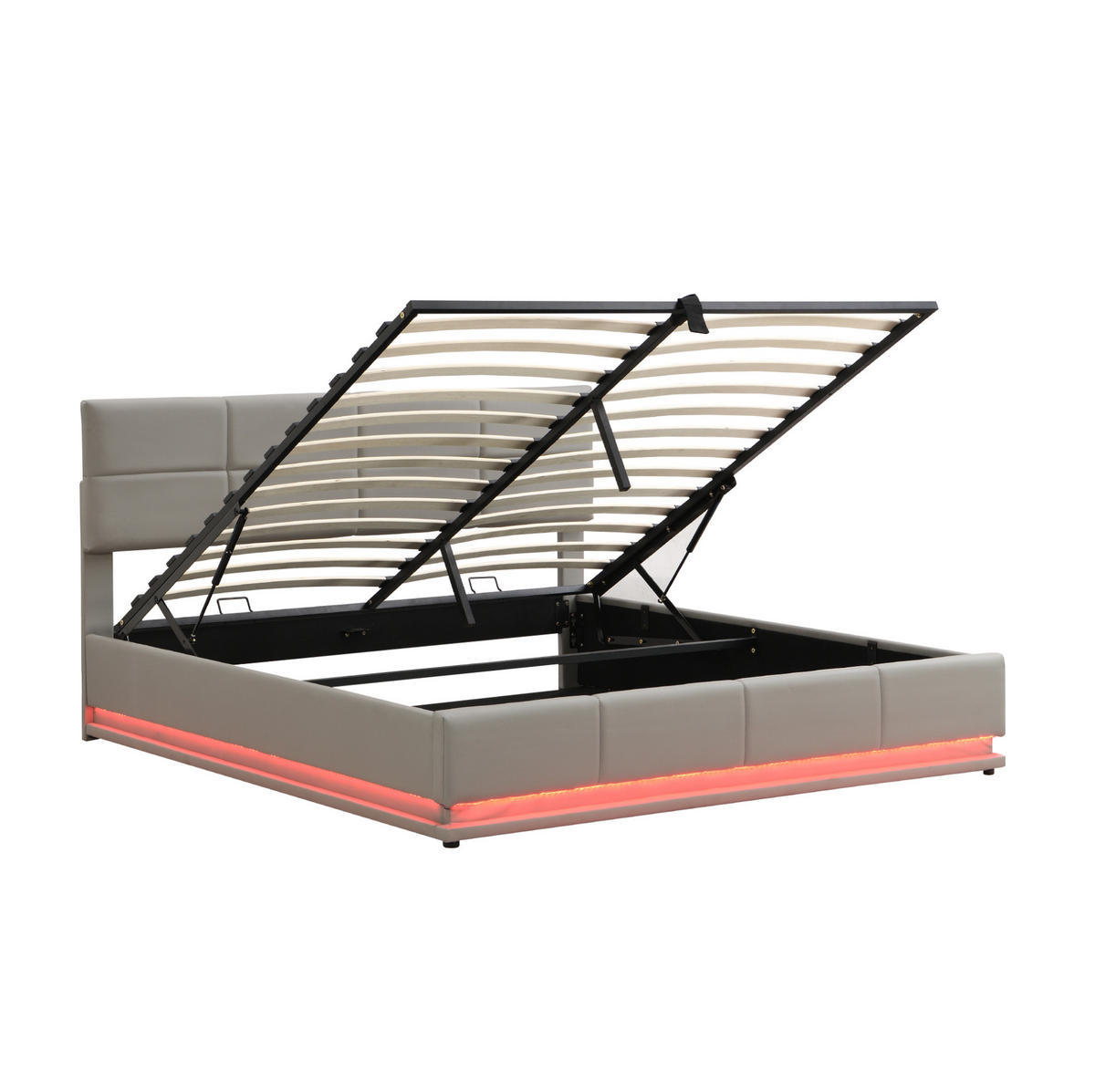 POLSTERBETT 180/200 cm mit LED-Beleuchtung und hydraulischem Bettkasten in Hellgrau - Grau, Kunststoff (180/200cm) - OKWISH