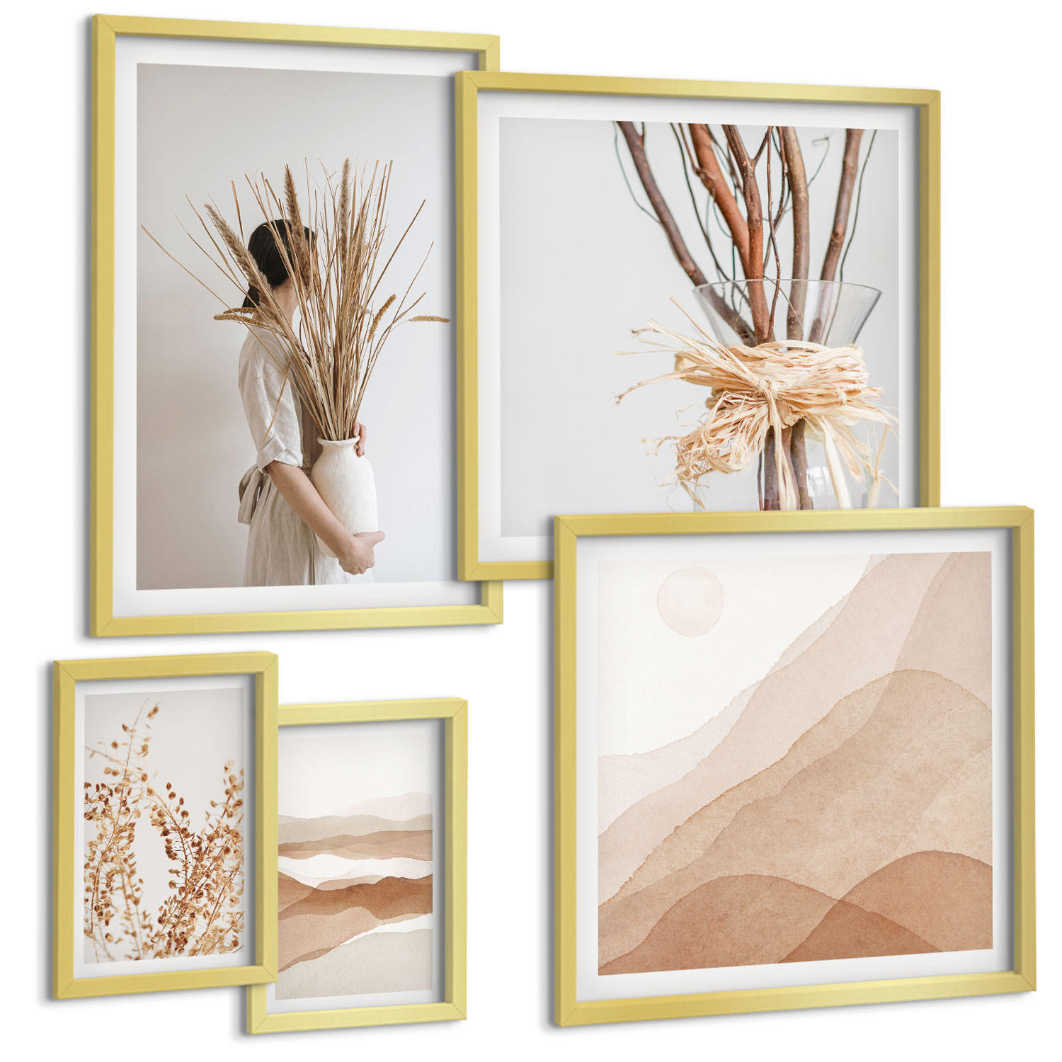 BILDER SET 5er Set - 50x50 cm & 20x30 cm & 40x60 cm Goldrahmen - Pflanzenmotive im Boho-Stil - Goldfarben, Kunststoff (40/60cm) - TULUP