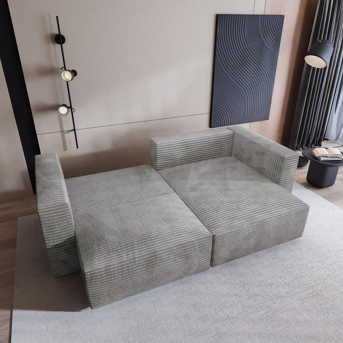 ECKSOFA NERIO Hellgrau Kordstoff mit Schlaffunktion - Grau, Holz (245/148cm) - MASSENO