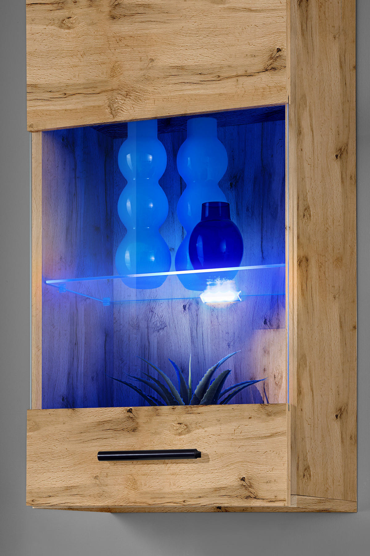 WOHNZIMMERSET VARALLO, 6er-Set, Eiche Wotan, Front Eiche Wotan , LED Blau - Eiche Wotan/Schwarz, Glas/Holzwerkstoff (200/190/45cm) - Komodee