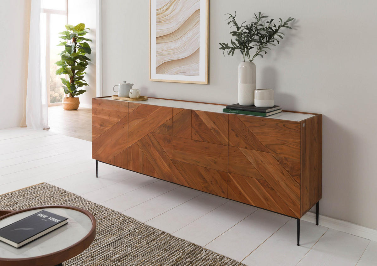 SIDEBOARD Akazie 200x40x76 natur lackiert / Marmor weiß KARLSTAD #16 - Braun, Holz (200/76/40cm) - Massivmoebel24