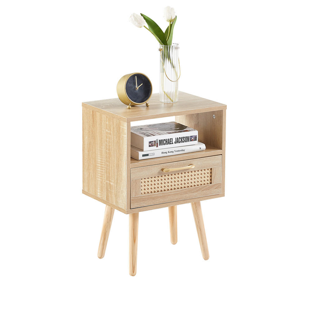 NACHTTISCH Rattan 40/55/30 cm mit Schublade Massivholzbeine Naturfarbe - Naturfarben, Holz (40/56/30cm) - Kaket