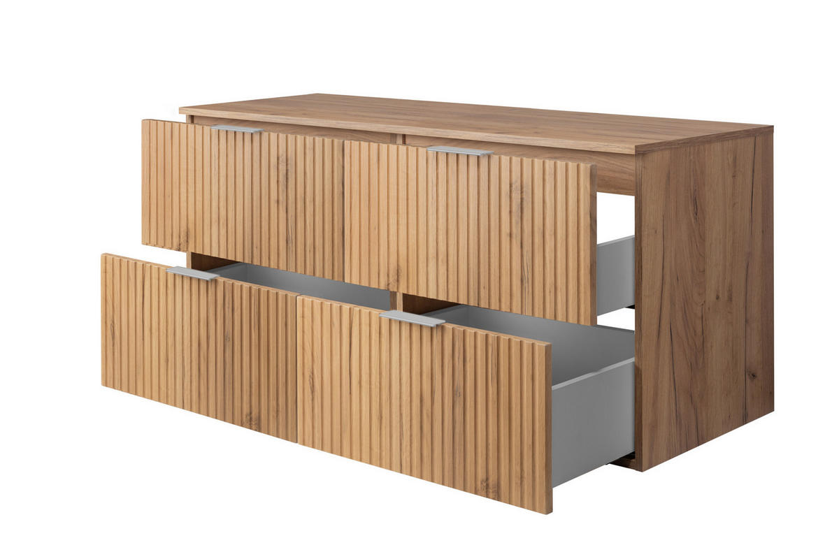 WASCHBECKUNTERSCHRANK, Eiche Craft, 120 (2 x 60) x 57 x 46 cm, silberner Griff + Arbeitsplatte - Eichefarben/Silberfarben, Holzwerkstoff (120/57/46cm) - 3XE LIVING