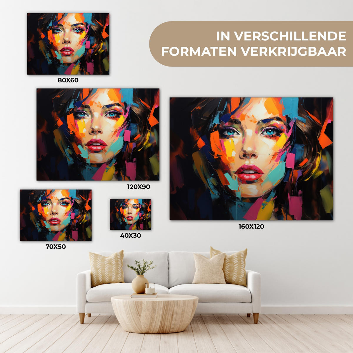 LEINWANDBILD Frau - Porträt - Farbenfroh - Kunst Wandbilder 80x60 cm - Multicolor, Textil (80/60cm) - MuchoWow