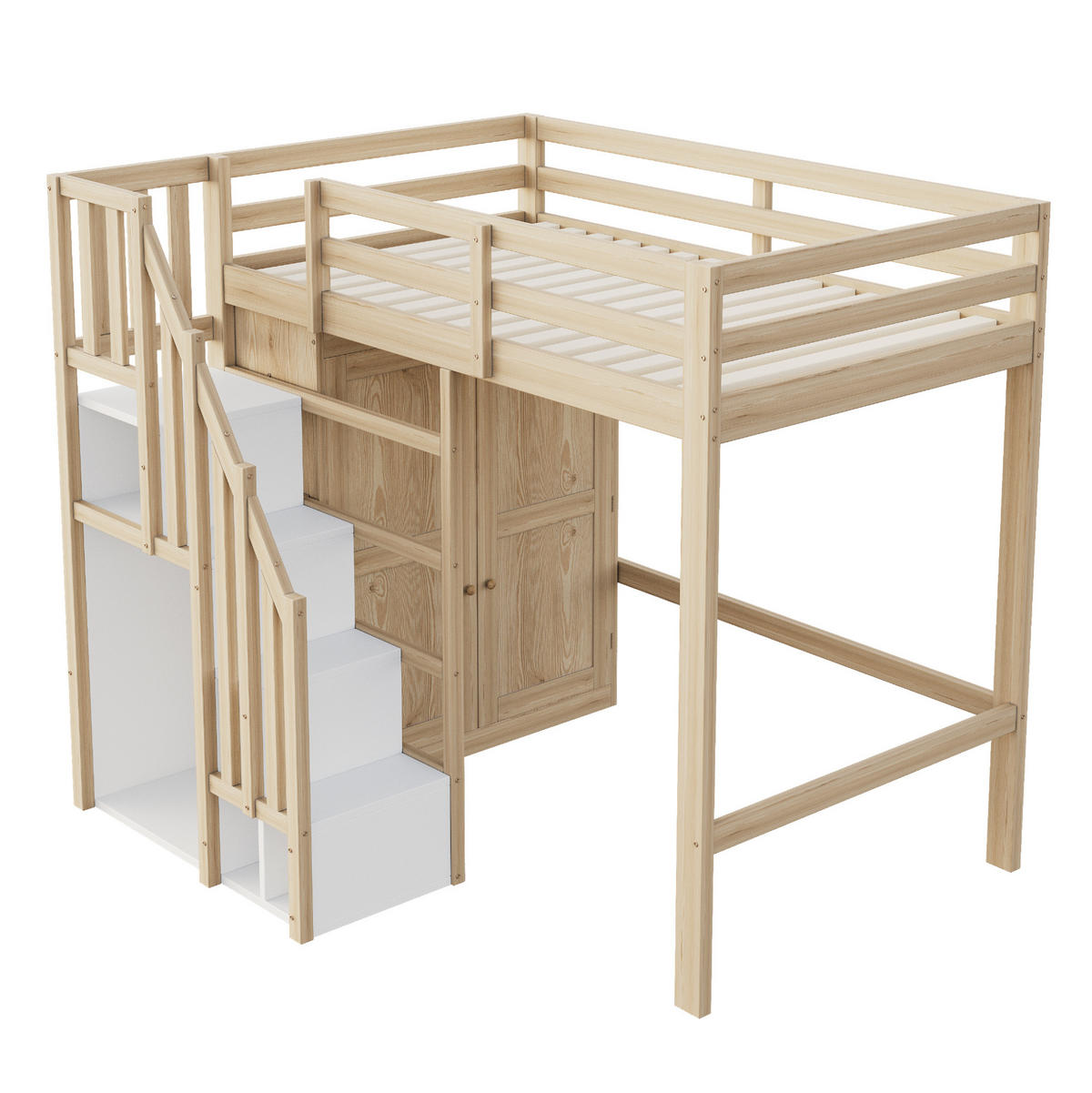 HOCHBETT 90/200 cm in Naturfarbe mit Kleiderschrank und Stauraumtreppe - Naturfarben, Holzwerkstoff (90/200cm) - Flora Grace