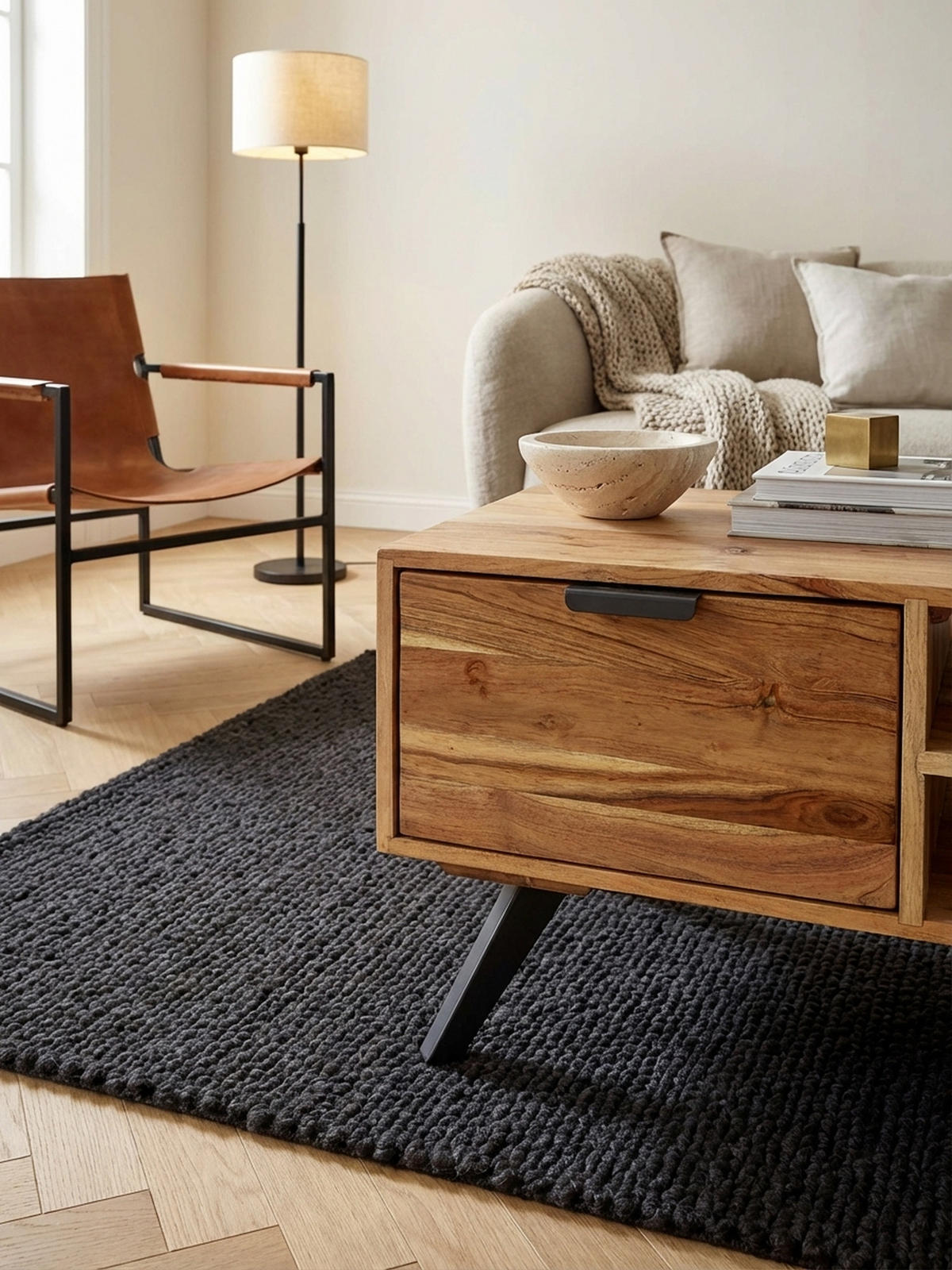 COUCHTISCH Massivholz und Metall, Modernes Design, Großer Stauraum, Robuste Beine - Beige/Anthrazit, Holz/Metall (45/95/45cm) - KADIMA DESIGN