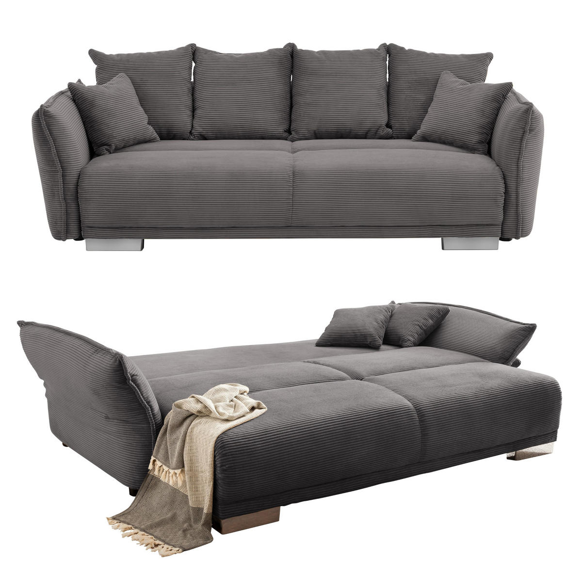 BIG-SOFA mit Schlaffunktion 242/131/90 cm Federkern, verstellbare Armlehnen, Bettkasten, Liegefläche 168x199 cm, Cord Grau Anthrazit / 17214 - Chromfarben/Anthrazit, Kunststoff/Textil (242/90/131cm) - luma-home