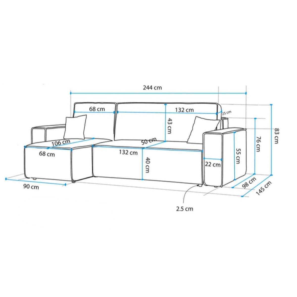 ECKSOFA Scarlo Hellgrau Cordbezug - Hellgrau/Schwarz, Kunststoff/Textil (244/145cm) - Selsey