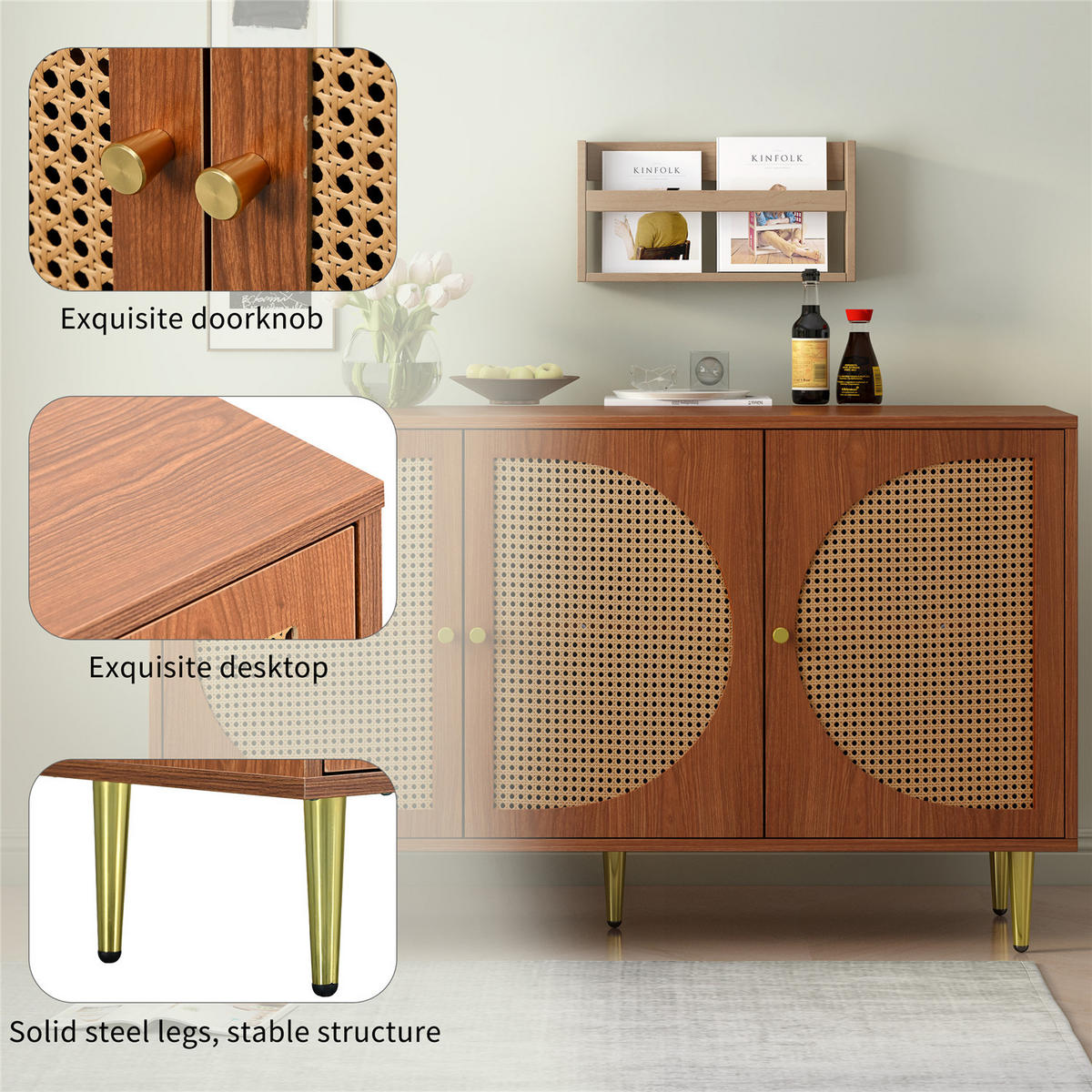 SIDEBOARD Nussbaum 129,8x76x40 cm mit Rattantüren - Braun, Holz (130/76/40cm) - Kaket