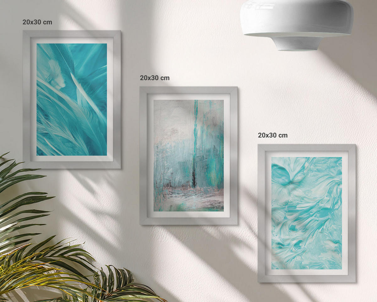 WANDBILDER 3er Set - 20x30 cm Silberner Rahmen - Abstrakte Muster in Blautönen - Silberfarben, Kunststoff (20/30cm) - ArtPrintCave