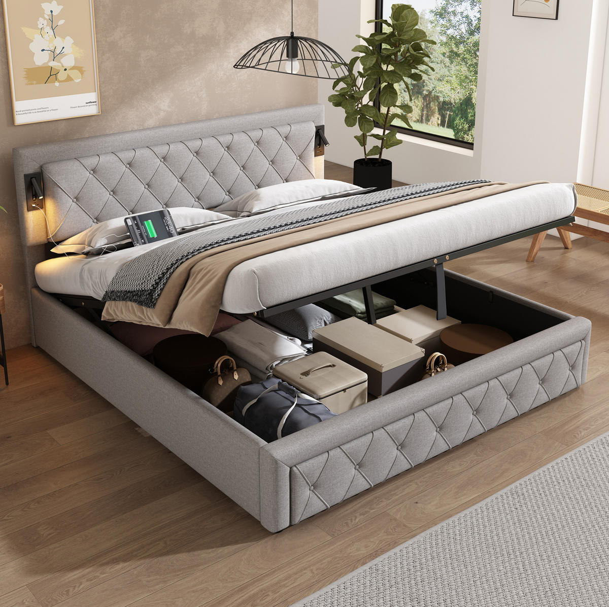BETT mit Stauraum, USB und Downlight Leinen Grau - Grau, Metall (180/200cm) - Meubliv