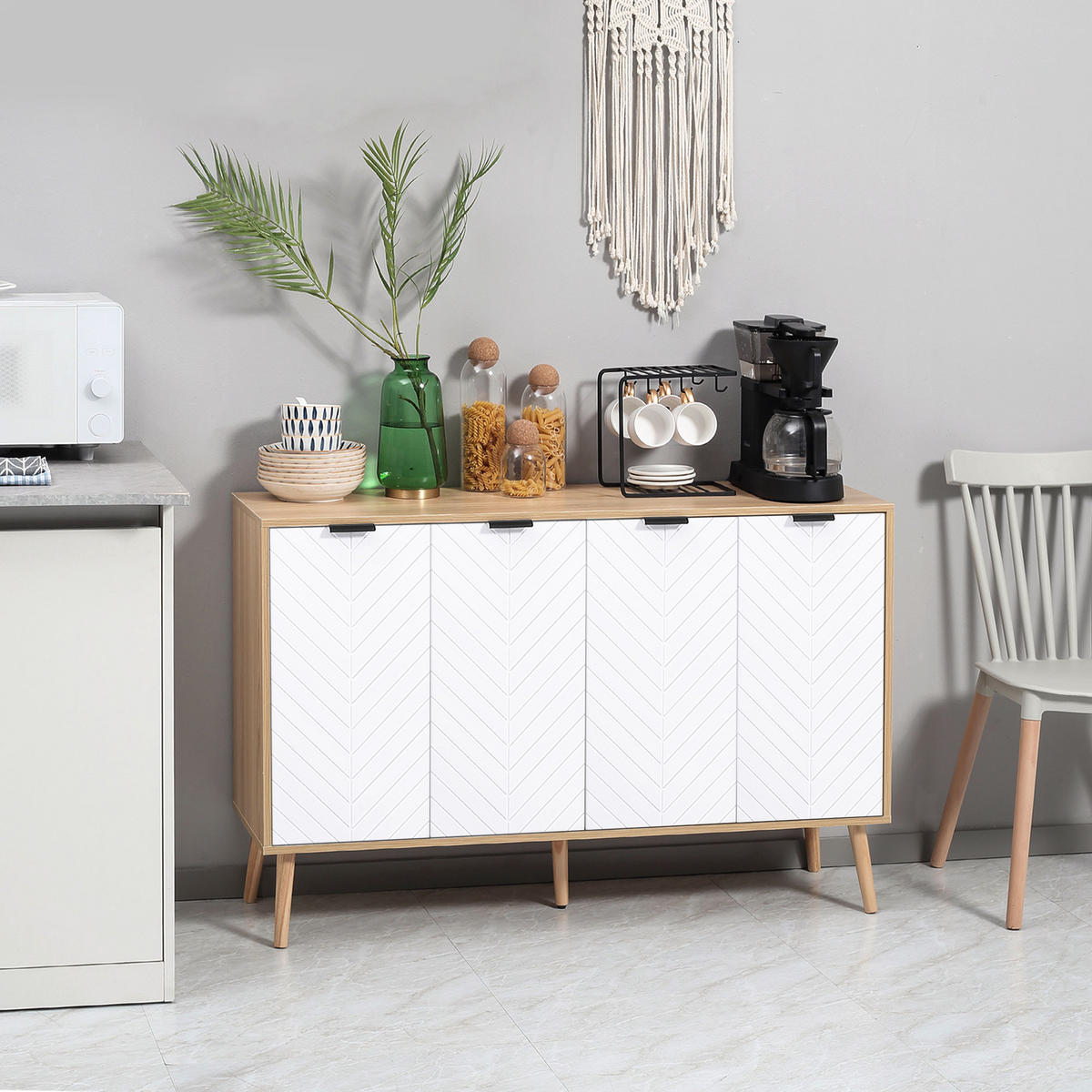 SIDEBOARD DE-11008 Chevron-Muster, 4 Türen & verstellbare Böden Weiß - Weiß, Holzwerkstoff (120/77.4/35cm) - ComfortXL