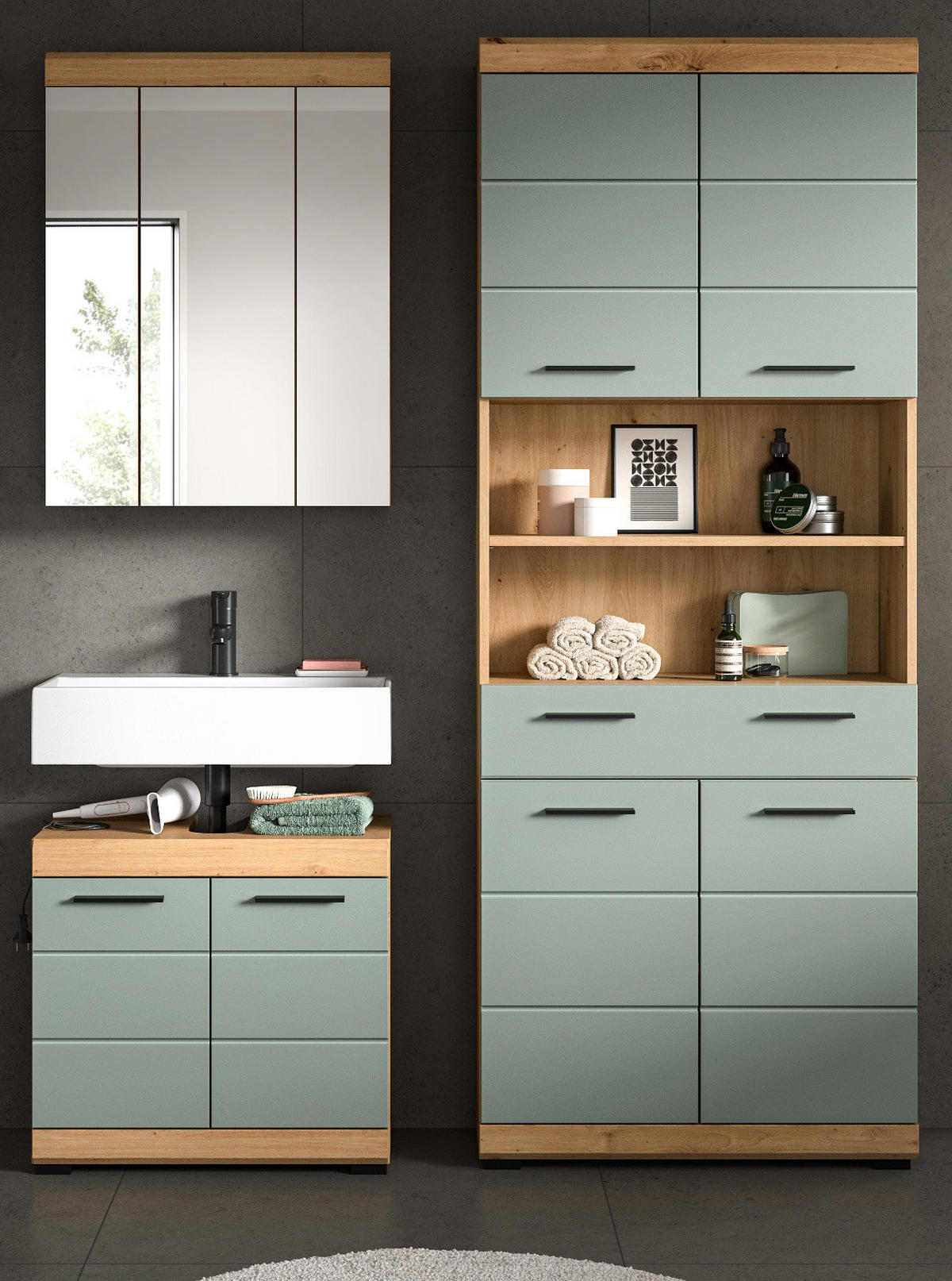 BADMÖBEL-SET Salbei grün, Artisan Eiche 3-teilig 149 cm, Badschränke mit viel Stauraum - Schwarz/Eiche Artisan, Glas/Holzwerkstoff (149/191/34cm) - Inn.Furn