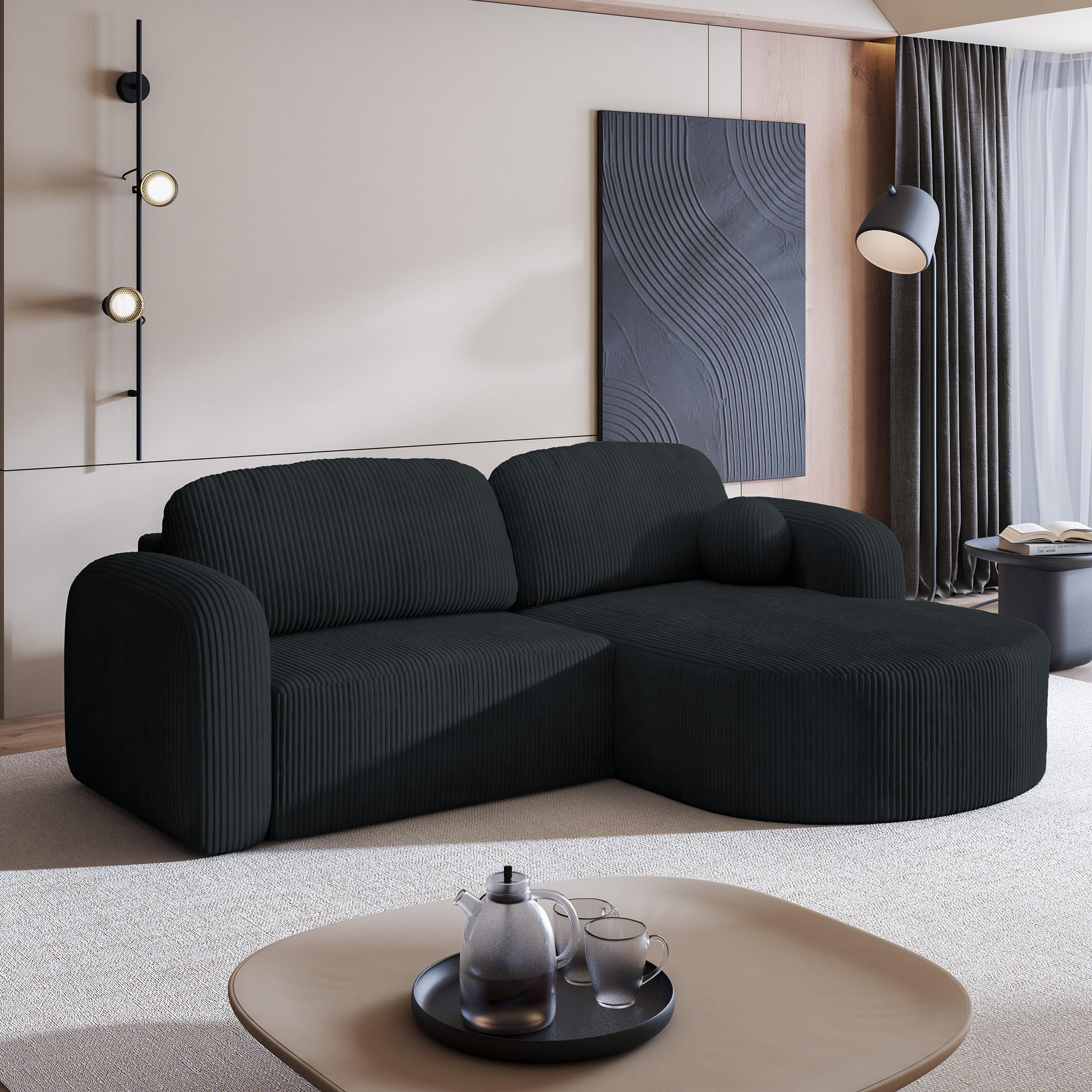 ECKSOFA AMILIA P R-S Schwarz Kordstoff mit Schlaffunktion - Schwarz, Holz (263/174cm) - MASSENO