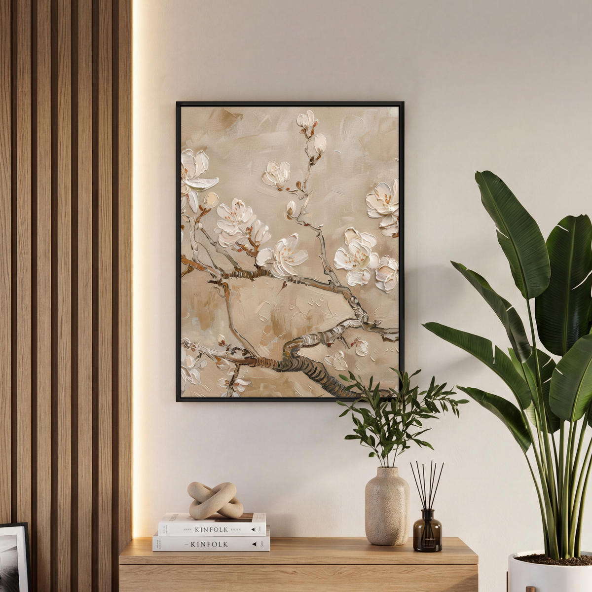 LEINWAND Bilder mit Rahmen - Blumen - Modern - Beige - Weiß - Blüte - 50x70 - Beige, Textil (50/70cm) - MuchoWow