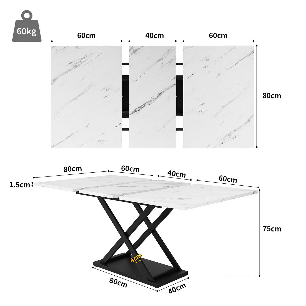 ESSTISCH Teleskoptisch 120/80 cm weiß marmoriert mit kreuzförmigen Metallbeinen - Weiß, Holzwerkstoff (160/80/75cm) - OKWISH