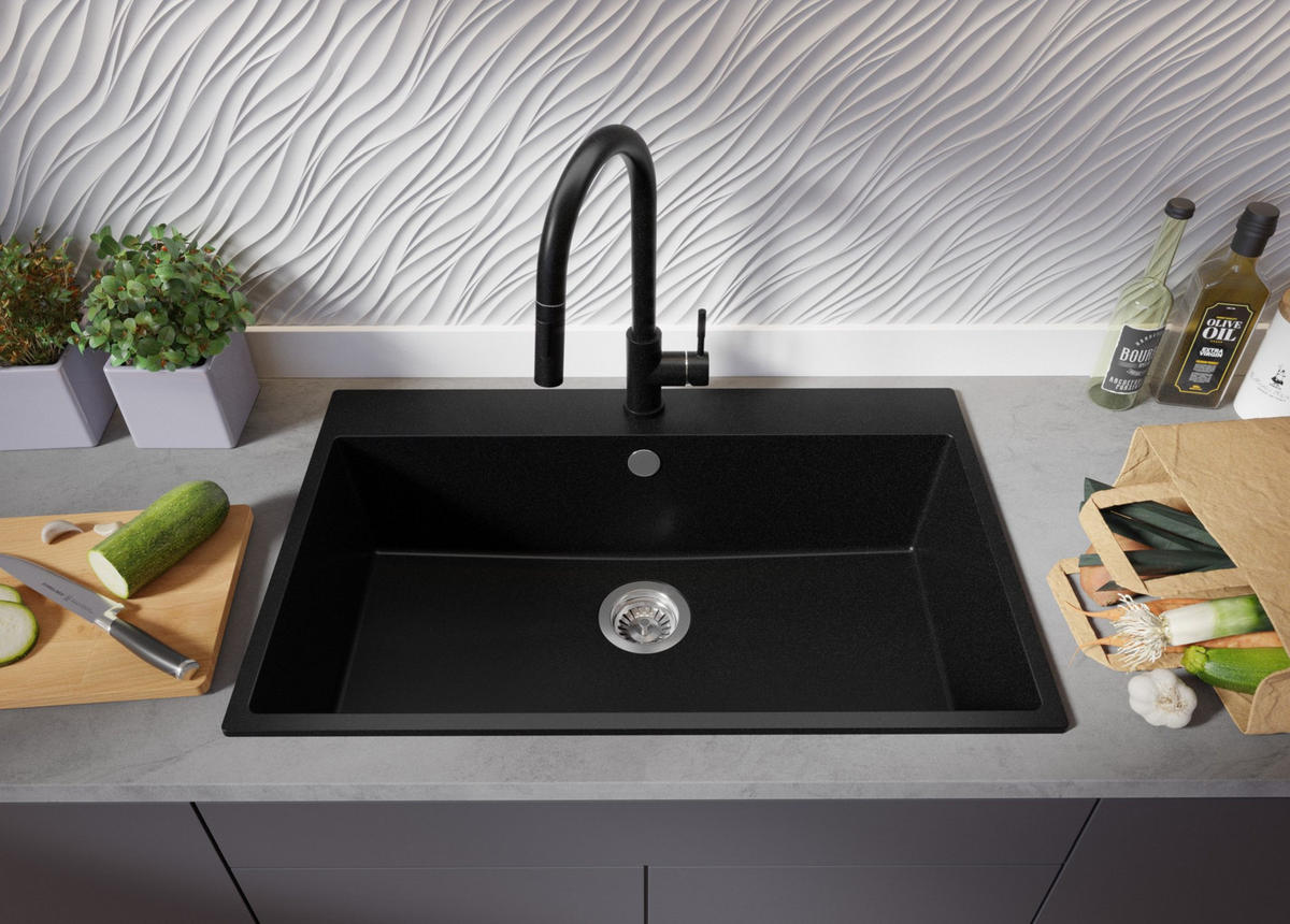 SPÜLBECKEN Riga, 2-er set Schwarz 78/50 cm 1 Becken + Ablauf-Set ab 80er Unterschrank - Chromfarben/Schwarz, Kunststoff (78/20/50cm) - Primagran