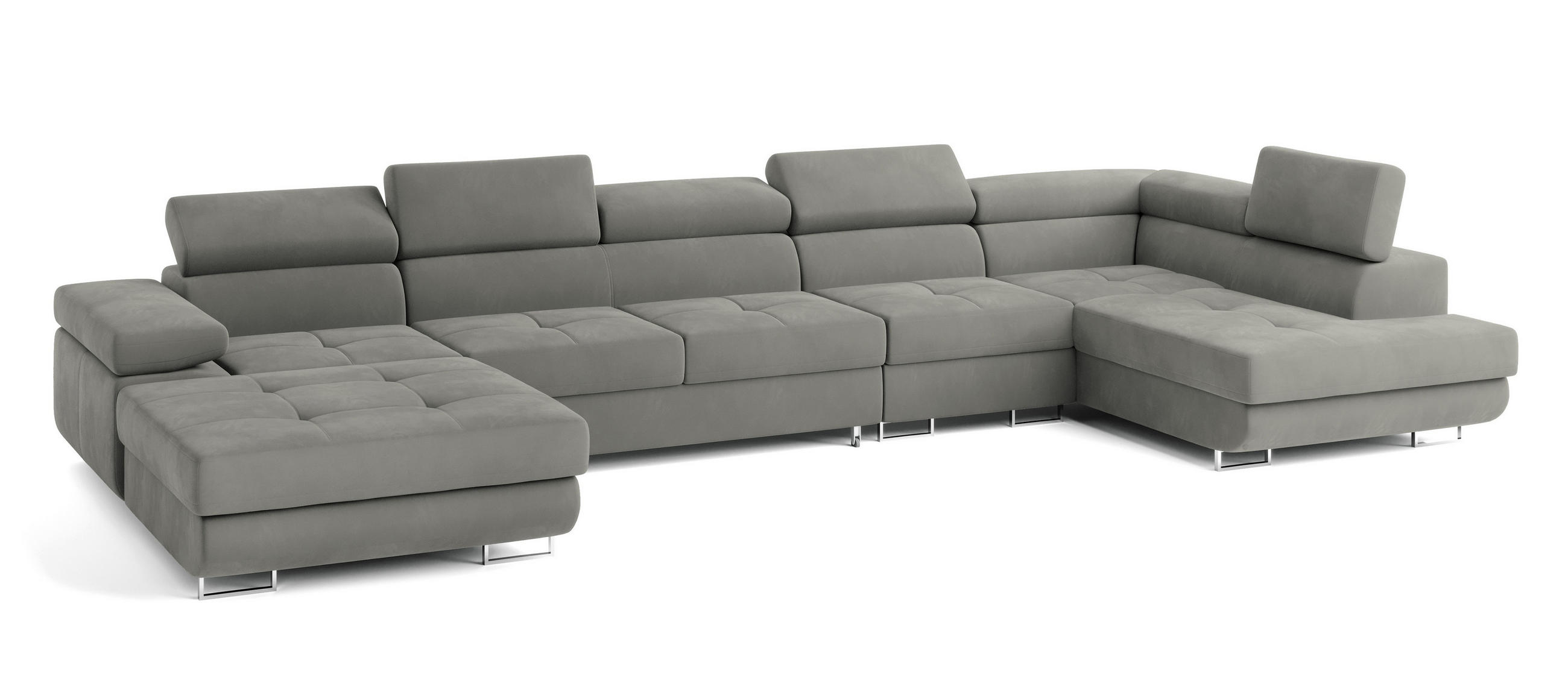 WOHNLANDSCHAFT VELORA R-S Hellgrau Velours-Stoff mit Schlaffunktion - Hellgrau, Holz (419/90/202cm) - MASSENO