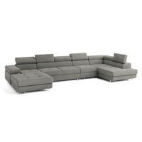 WOHNLANDSCHAFT VELORA R-S Hellgrau Velours-Stoff mit Schlaffunktion - Hellgrau, Holz (419/90/202cm) - MASSENO