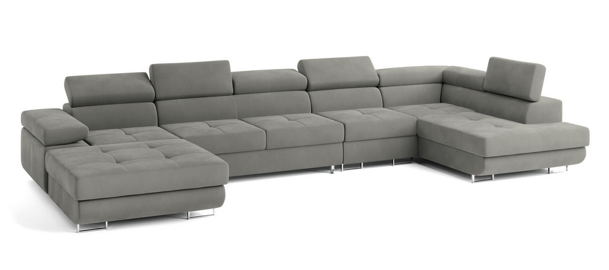 WOHNLANDSCHAFT VELORA R-S Hellgrau Velours-Stoff mit Schlaffunktion - Hellgrau, Holz (419/90/202cm) - MASSENO